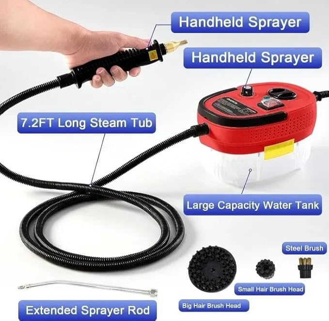 2500W Portable High Temperature and Pressure Steam Cleaners 1200 ml capacity 3 Bar For Air Conditioning Kitchen Hood Steam Cleaning Machine for Cars Floor Cleaning (RED)