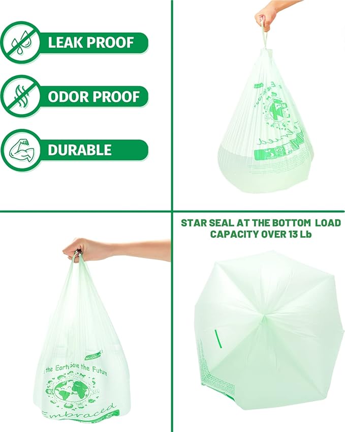 100% Compostable Trash Bags 3 Gallon Compost Bags Small Kitchen Trash Bags with Handle 200 Count Sturdy Biodegradable Garbage Bags Food Scrap Waste Bags ASTM D6400 US BPI Certified