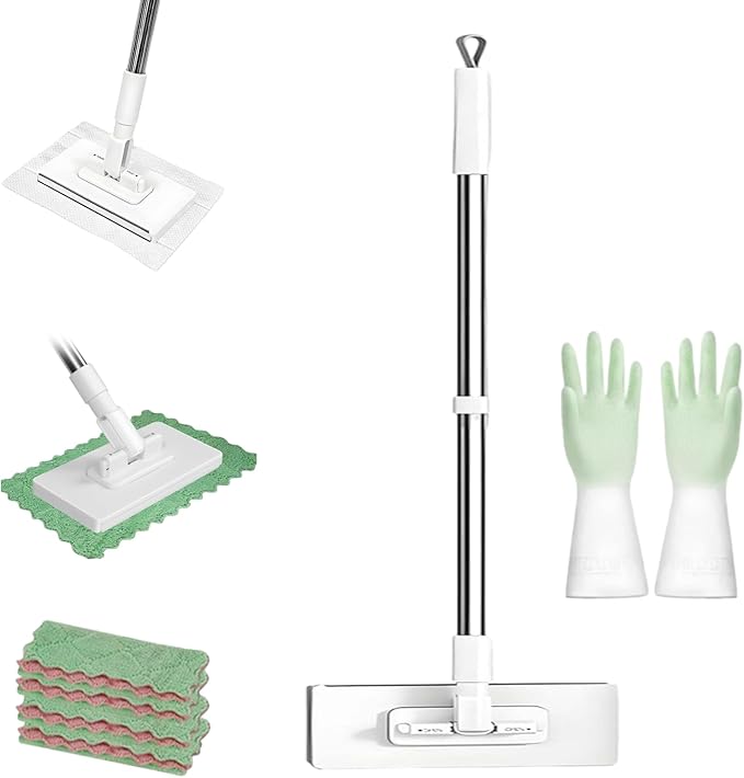 Fregona Antipolvo Desechable Fregona Antipolvo Desechable Con 4 Paños Reutilizables Disposable Dust Mop with 4 Reusable Cloths Flat Mop with Disposable Pads 39 Long Handle (1pcs)