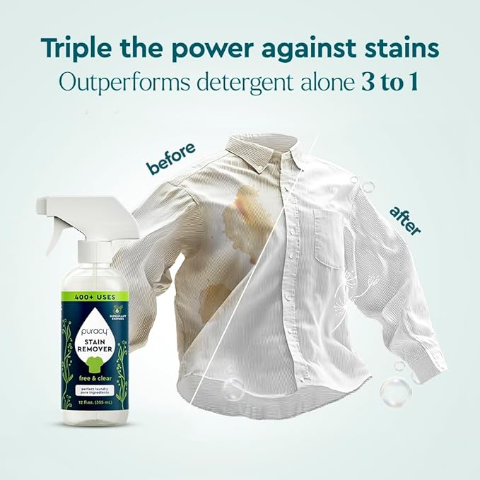 Puracy Stain Remover Natural Travel and Laundry Stain Cleaner for Clothes Baby Essentials Kids Stains Oil and Fabric Spot Cleaner Unscented (48 fl oz Pack of 2 and12 fl oz)