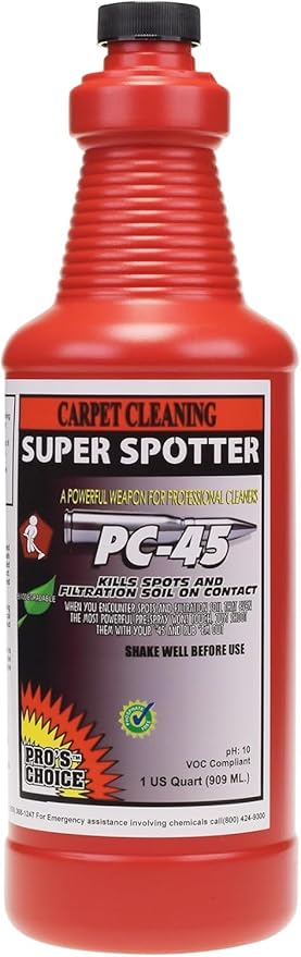 Pro's Choice Super Spotter PC-45 Carpet Cleaning Spot Remover Professional Upholstery Stain Remover General Spot Cleaning Solution Heavy Duty Rug Cleaner for Grease Oil Dirt &amp Grime 1 Quart