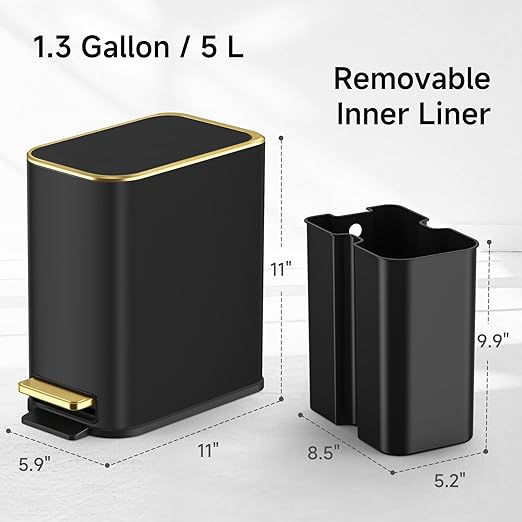 TIPGO Small Bathroom Trash Can with Lid Soft Close Step Pedal 5 Liter / 1.3 Gallon Stainless Steel Trash Bin Slim Garbage Cans for Toilet Office Bedroom (Black)