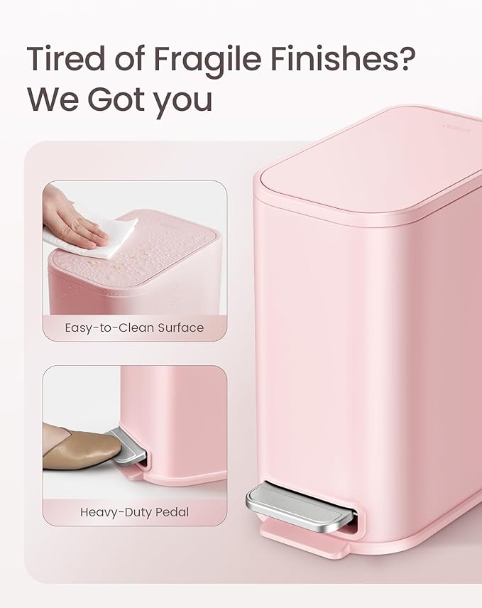 Cesun Small Bathroom Trash Can with Lid Soft Close Step Pedal 5 Liter / 1.3 Gallon Stainless Steel Garbage Can with Removable Inner Bucket Waste Basket for Bathroom Bedroom (Pink)