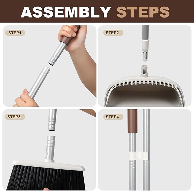 54 Long Handled Broom and Dustpan Set - Perfect Dust Pan and Brush Combo for Efficient Cleaning Brown and White