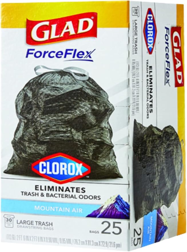 Glad Force Flex 30 Gallon Mountain Air Scent Trash Bags Drawstring 25 bags (Pack of 6)