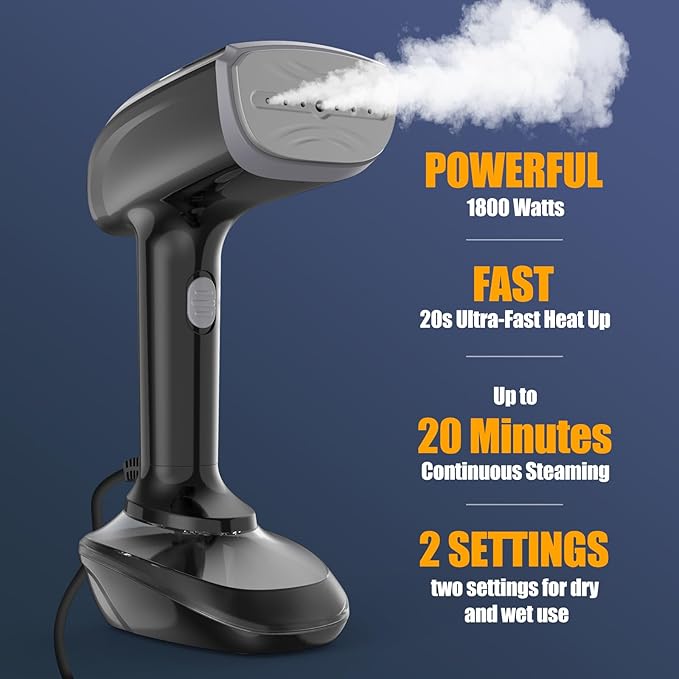 Powerful Handheld Fabric Steamer - 1800W with Fast Ceramic Heat-Up Plate 2-in-1 Ironing &amp Wrinkle Remover Steam Nozzle Lint Brush - Black for US 120V Only