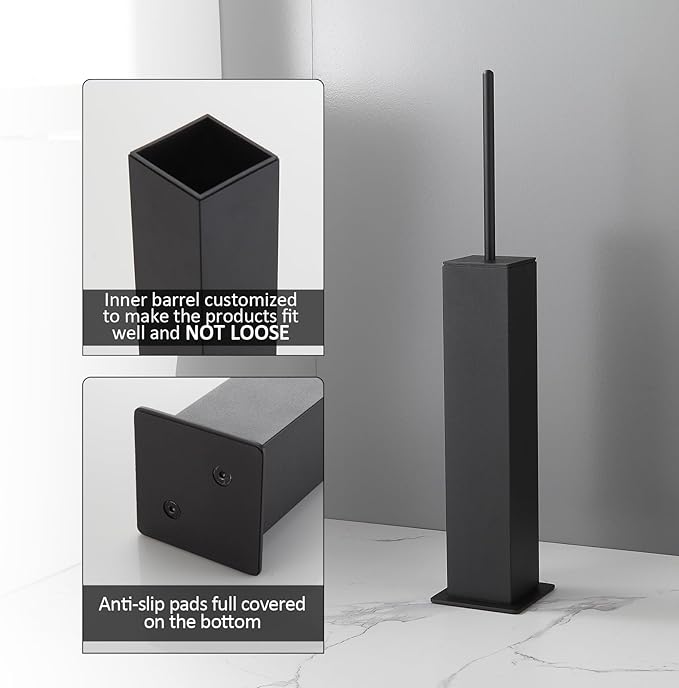 BGL Toilet Brush with Holder Set Matte Black Aluminium Standing for Bathroom Toilet Bowl Cleaner Brush and Holder Set Square Design