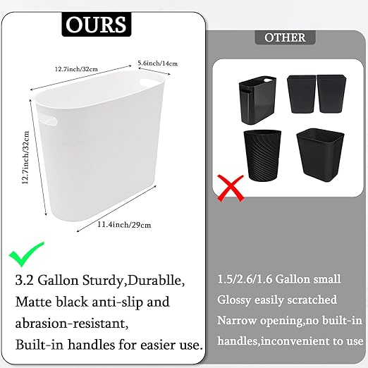 3 Pack Narrow Office Trash Can 3.2 Gallon Slim Waste Basket Plastic Bathroom Wastebasket Slim Garbage Can Container Bin with Handle for Narrow Spaces Bathroom Bedroom Kitchen Office at Home White