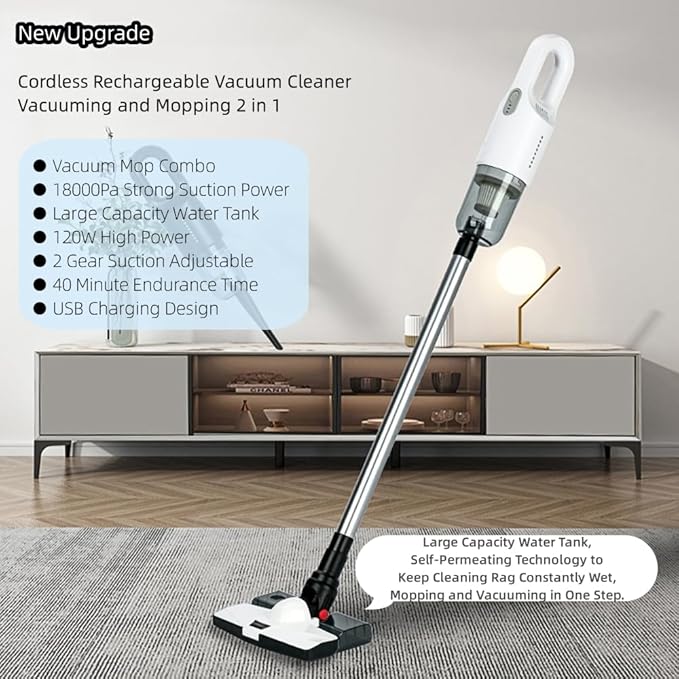 Cordless Stick Vacuum Cleaner and Mop All in One 18000Pa Suction Cordless Wet Dry Vacuum Cleaner with Water Tank Household Upright Vacuum Cleaner and Mop Combo for Hard Floor Pet Hairs (White)