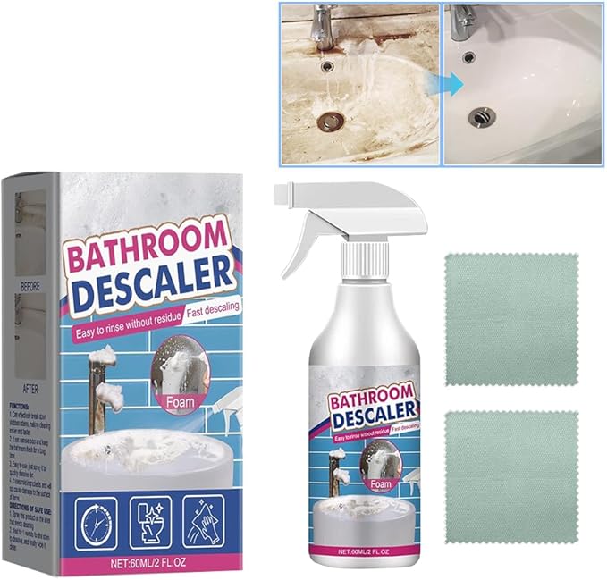 Bathroom Descaler Foam Cleaner 2025|Powerful Cleaner Spray for ShowerBathtubGlassFaucetTileToilet|Strong Cleaning for Stubborn Stains&ampLimescale Removal with 2 Microfiber Cloths (5 PCS-10oz)