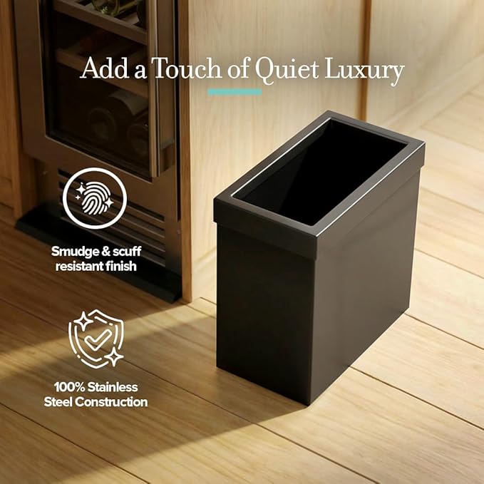 Gatco Small Bathroom Trash Can with Lid Rectangle 3 Gallon Stainless Steel Wastebasket Under Sink Matte Black for Bathroom Bedroom Office (1918)