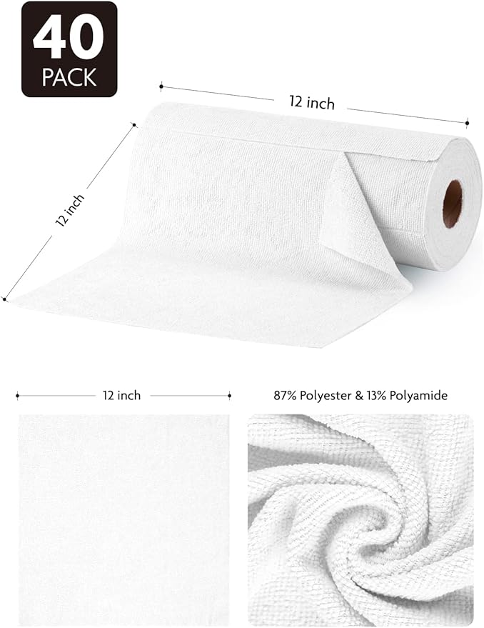 Fantasticlean Microfiber Cleaning Cloth Roll -40 Pack Tear Away Microfiber Towels 12 x 12 Reusable Washable Scratch Free Ultra Absorbent Dishcloth for All-Around Cleaning Supplies (White)