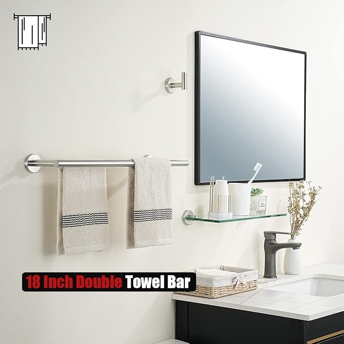 JQK Double Bath Towel Bar 20.5 Inch 304 Stainless Steel Thicken 0.8mm Towel Rack Bathroom Towel Holder Brushed Finished Wall Mount Useable Length 18 Inch TB100L18-BN