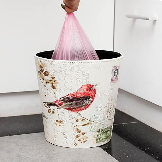 PU Leather Small Trash Can Wastebasket Round Garbage Container Basket for Bathrooms Laundry Room Kitchens Offices Kids Rooms BedroomsDormsHome Decorative Art Bin 2.9 Gallon(Bird Design)