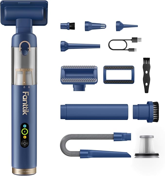 Fanttik Slim V10 APEX Cordless Car Vacuum 4-in-1 Portable Mini Handheld Vac 19kPa Suction Power Upgraded Smart Digital Display 2 Suction Modes for Small Jobs Car Office Desk Keyboards (Blue)
