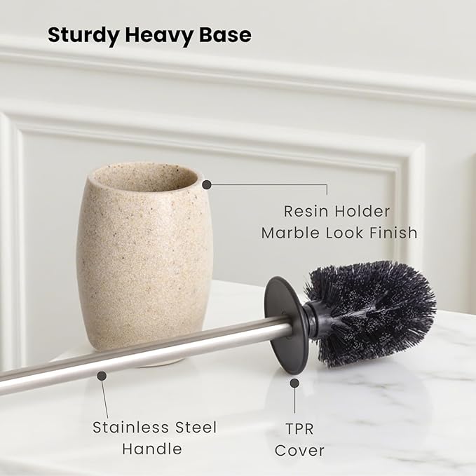 Toilet Bowl Brush and Holder with Stainless Steel Long Handle Toilet Scrubber Brush with Durable Base 360° Deep Cleaning Bristles for Bathroom Compact Set for Small Space (Beige)