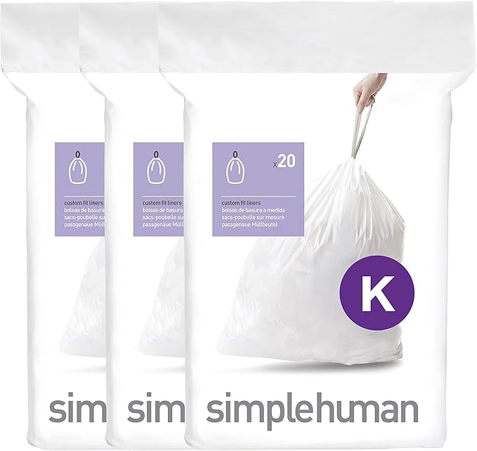 simplehuman Code K 60 Count Dispenser Pack Custom Fit Liners Drawstring Trash Bags 35-45 Liter / 9-12 Gallon White