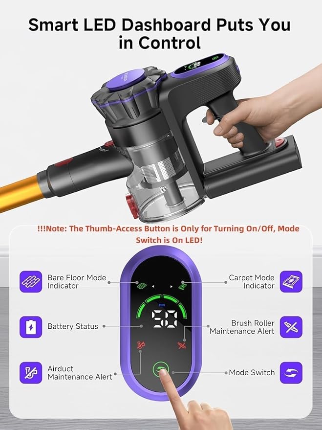 MONSGA Cordless Vacuum Cleaner 45KPa 400W Stick Vacuum for Home 50Mins Anti-Tangled Vacuum Cleaner with Charging Dock Light-Weighted Handheld Vacuum for Pet Hair/Carpet/Floor LED Touch Display