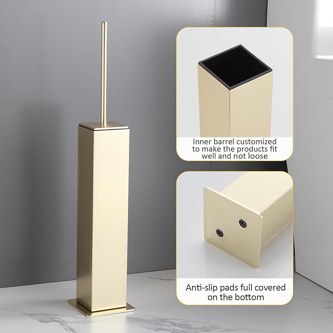 Toilet Brush and Holder Floor Standing Brushed Gold with 2 Replaceable Heads Bathroom Toilet Brush Freestanding Toilet Bowl Brush with Removable Liner and Splash Guard Modern Square Design