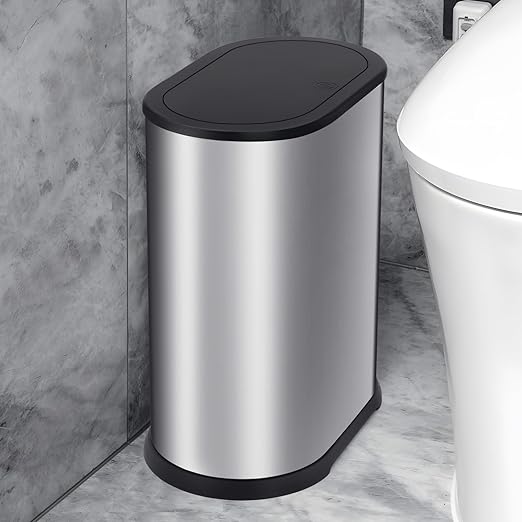 Anzoymx Stainless Steel Bathroom Trash Cans 1.8 Gallons Small Garbage Can with Pop up Lid Dog Proof Narrow Wastebasket Slim Waterproof Litter Trash Bins Set for Bedroom Toilet Office (Silver)