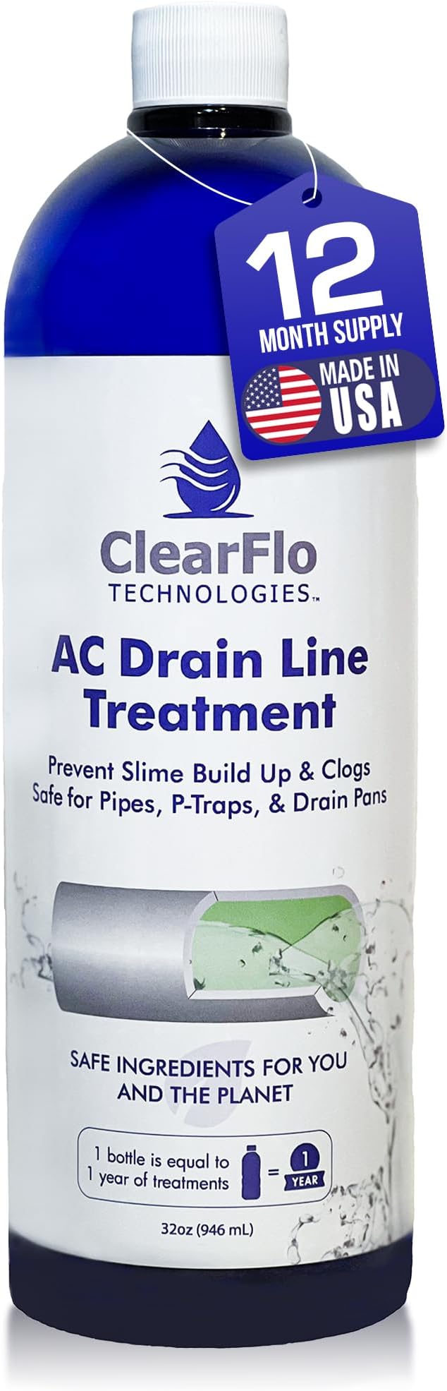 AC Drain Line Cleaner / 12 Month Supply | Safe Chlorine Free Non Toxic Formula with Natural Tea Tree Oil | HVAC Drain Line Solution for Tough Clogs &amp Buildup