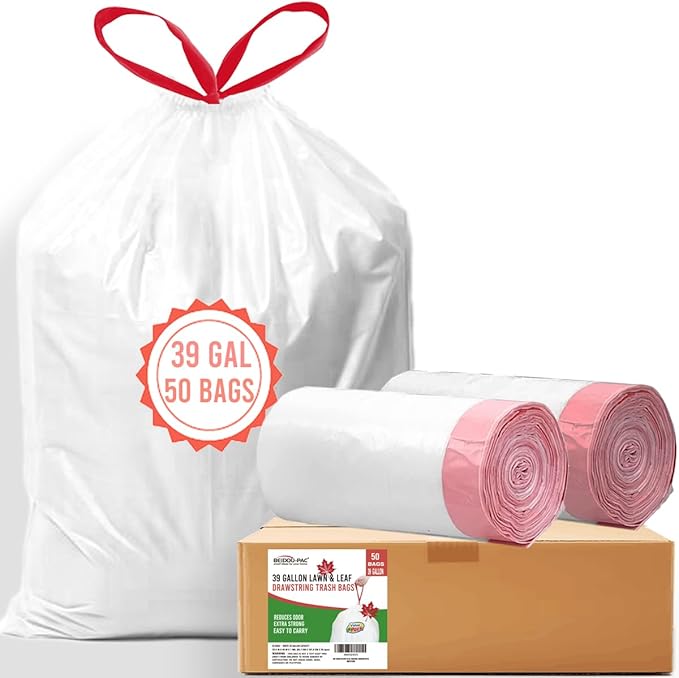 39 Gallon Lawn &amp Leaf Trash Bags Drawstring 50 Count Heavy Duty White &amp Unscented Plastic Bags Multi-purpose Garbage Bags for Home Commercial Outdoor Construction Industrial