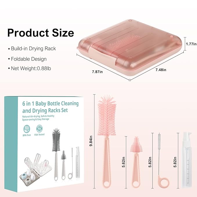 6 in 1 Baby Bottle Cleaner Set with Drying RackSilicone Baby Bottle BrushStraw BrushNipple BrushSoap Dispenser and Storage Box Portable Baby Essentials for Home&ampTravel(Pink)
