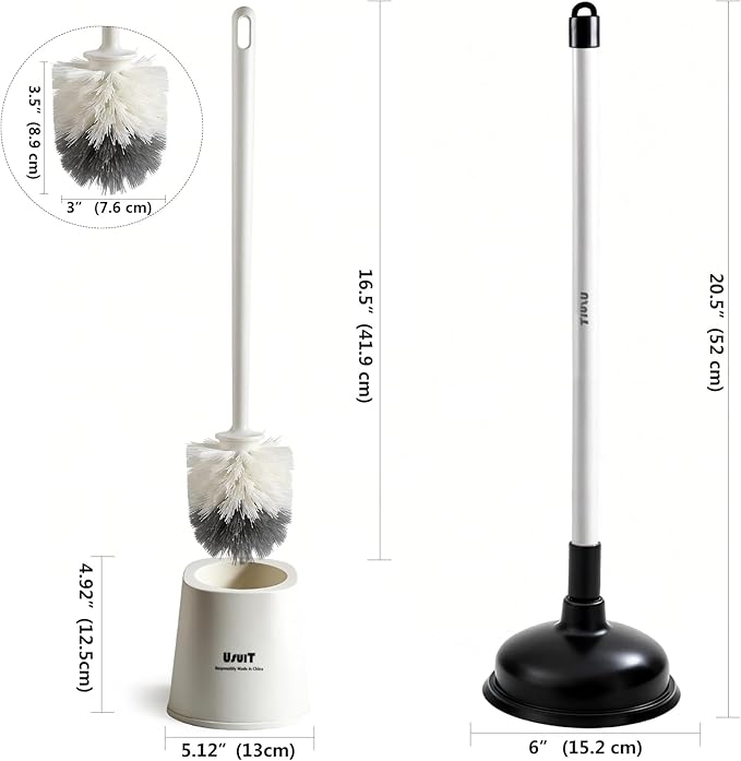 Toilet Brush with Plunger Set Black Plastic 2 Piece Bathroom Cleaning Tool Kit with Holder