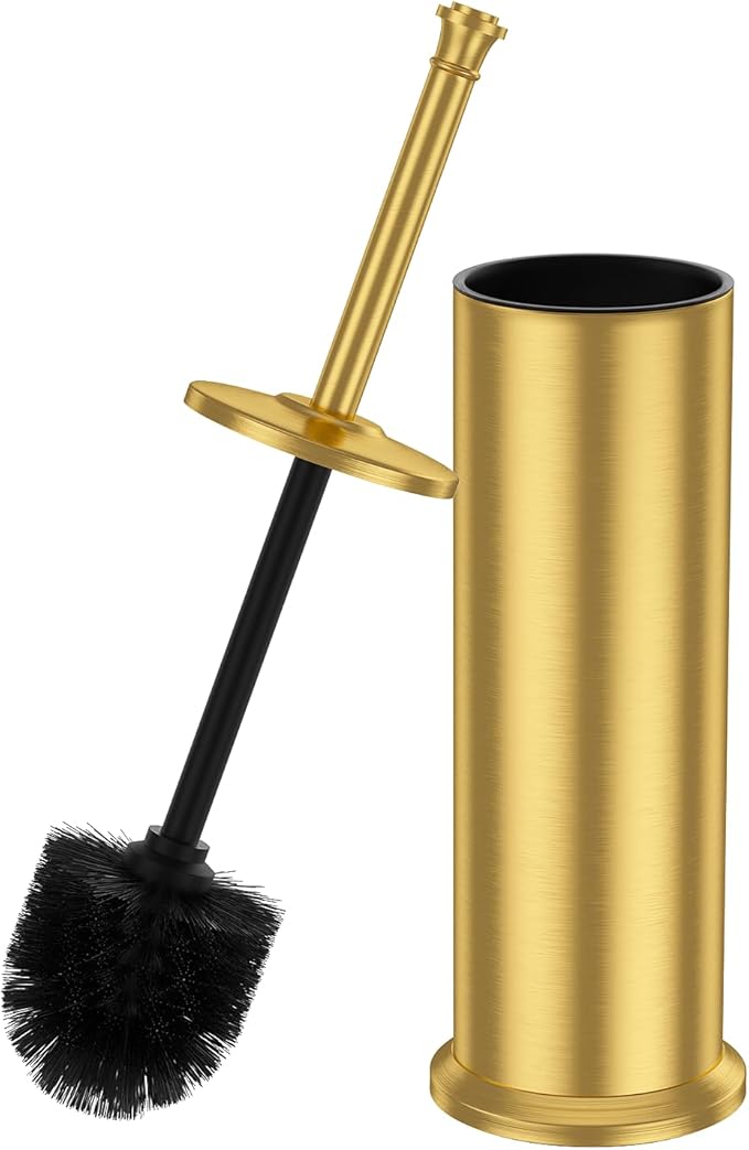 Brass Toilet Brush and HolderLong Handled Gold Toilet Brush for BathroomStainless Steel Heavy Duty Toilet Bowl BrushRemovable Inner BowlDeep Cleaning Dense Bristles Cleaner Brush -Space Saving