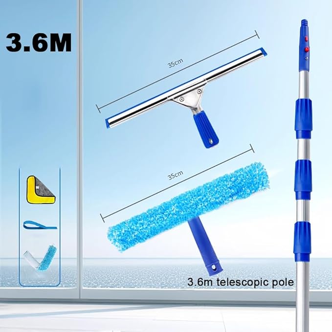 1.2-15M Aluminum Alloy High Window Glass Cleaning Pole with 35Cm Rubber Scraper and Fiber Mop Head Telescopic Long Pole Window CleanerPole Length 15m