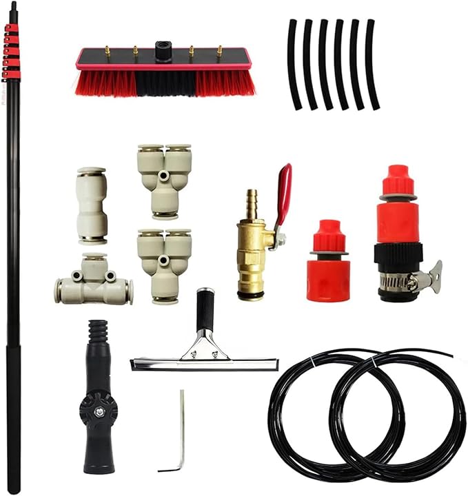 Water Fed Cleaning Tool Telescopic Pole Window Cleaner Photovoltaic Panel Cleaning Tool with Water Supply Hose and A Pair of Rubber Gloves 3-in-1 Cleaning Kit7.2m/24ft