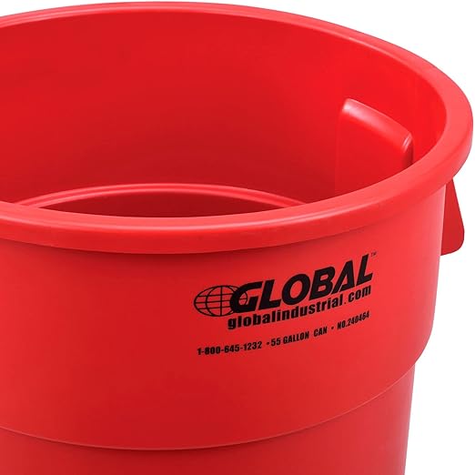 Global Industrial Commercial Round Trash Can 55 Gallon Capacity Plastic Garbage Can Indoor and Outdoor Utility Trash Can Red 26-1/4W x 33-1/8H No Lid