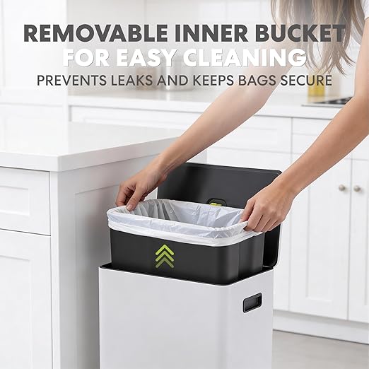 Simpli-Magic Infinity Edge 60 Liter / 16 Gallon Rectangular Hands-Free Extra Large Kitchen Step Trash Can Soft-Close Single Lid Recycling Bin Stainless Steel White 79680