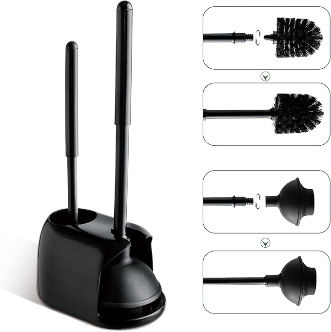 Eyliden Toilet Plunger and Brush 2 in 1 Toilet Bowl Brush Plunger Set with Holder Bathroom Cleaning Tools Combo with Caddy Stand Nylon Bristles Shatter-Resistant Plastic Black
