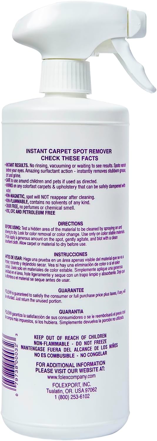 FOLEX 32 oz Instant Carpet Spot Remover Carpet Cleaner with Reusable Cleaning Cloth - Removes Pet Accidents Grease Red Wine and More (1 Pack + Refill)