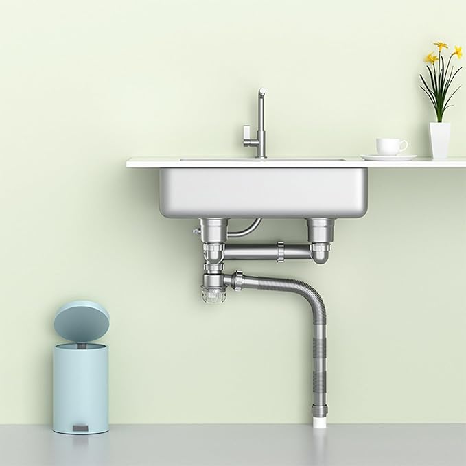 Portable Space Saving Kitchen Sink Drain Set Featuring Clear Backflow Preventer and Flexible Pipe Designs