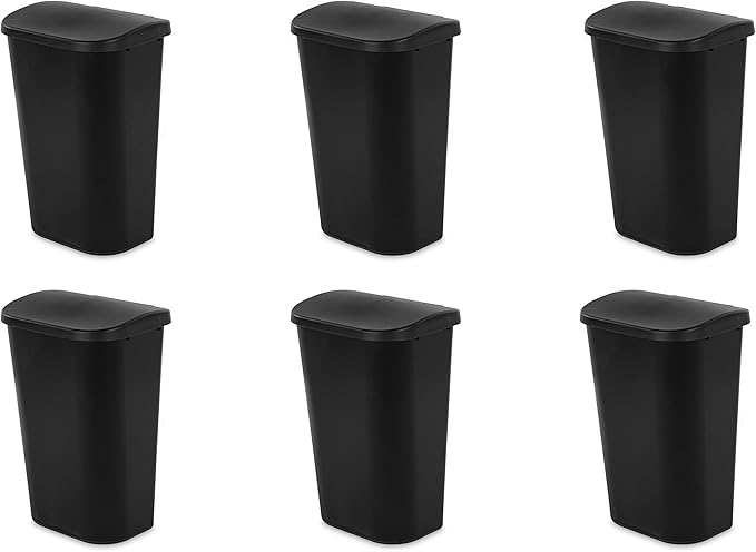 Sterilite 11.3 Gallon Lift Top Wastebasket with Lid Large Trash Can for the Kitchen or Bathroom Plastic Black 6-Pack