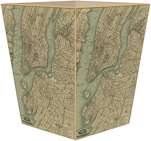 Marye-Kelley- Brooklyn New York Antique Map Wastepaper Basket Decoupage Wood Decorative Wastebasket for Kitchen Bathroom Bedroom Living Room Handmade Made in The USA