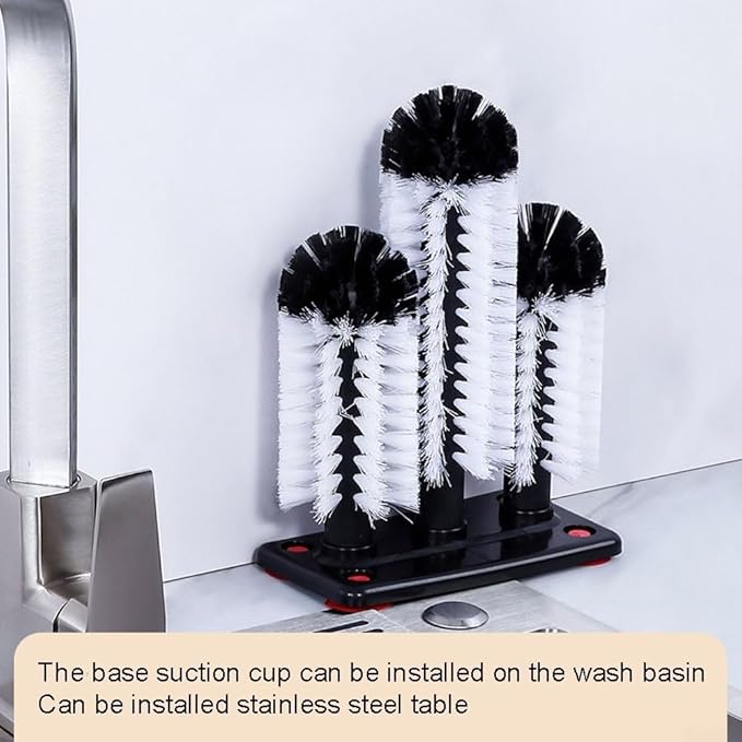 Three-Headed Glass Cup Washer for Sink with Suction Base Detachable Bristle Brush Cleaner for Mugs and Vases Bar and Kitchen Cleaning Tool