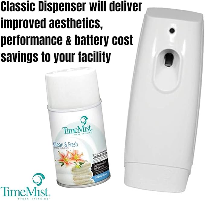 TimeMist Premium Metered Air Freshener Refills Clean &amp Fresh (12) with Aerosol Fragrance Dispenser (6) - 1042771 - Lasts Up To 30 Days and Neutralizes Tough Odors