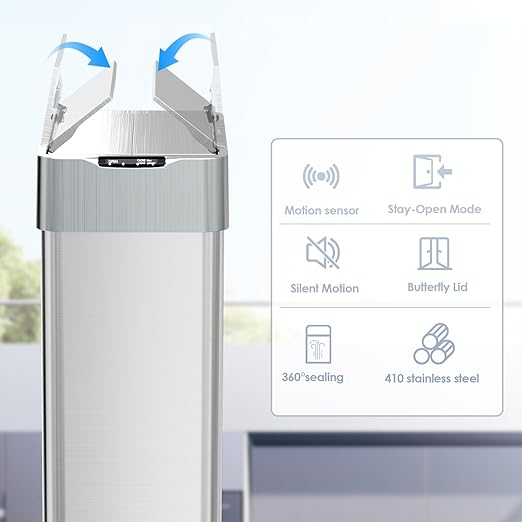 TLSUNNY 21.1 Gallon Automatic Trash Can Stainless Steel Motion Sensor Garbage bin Smart Trash Can W/Butterfly Lid Bag Retainer Ring and Display Light for Living RoomKitchenOffice (Silver 80L)