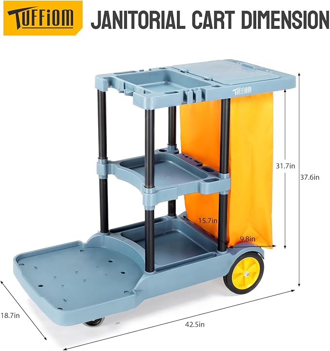TUFFIOM Commercial Traditional Cleaning Janitorial 3-Shelf Cart 500 Lbs Capacity Housekeeping Cart 42.5 L x 18.7 W x 37.6 H Wheeled with 22 Gallon Yellow Vinyl Bag and Cover w lid Blue