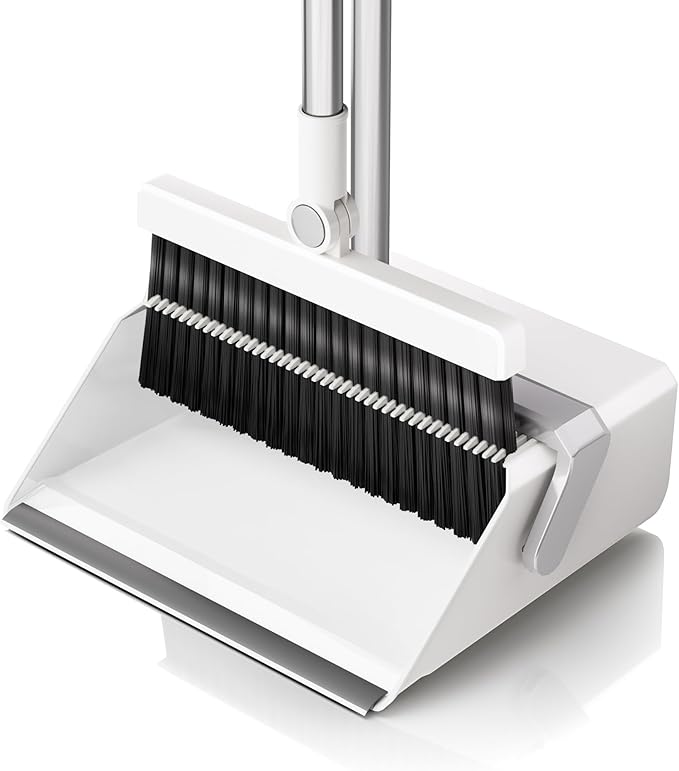 Broom with Dustpan Combo SetUOEOS One-Sweep CleanPet Hair Removal Broom with Self-Cleaning Double-Layer TeethHigh Density Broom and Windproof Dustpan for Indoor&ampOutdoor