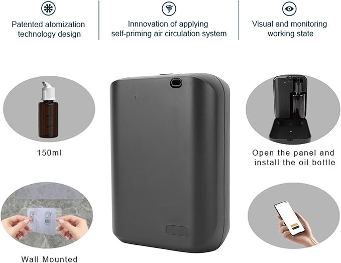 Smart APP Scent Diffuser Wall Mount Waterless Diffuser Silent Air Freshener Diffuser for Hotels Offices Conference Rooms Clubs (Black)