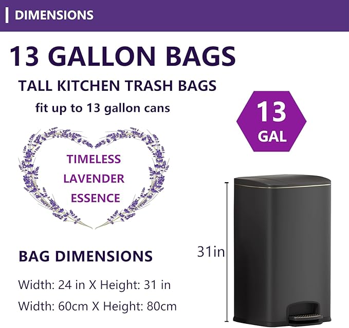 13 Gallon Trash Bags Lavender Scented (100 Count) Tall Kitchen Drawstring Garbage Bags 10-13 Gallon High Density Bags (White)