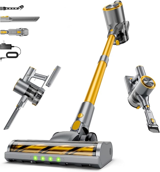 KIKETECH Cordless Vacuum Cleaner with Self-Standing Lightweight Powerful Suction VacuumLED Screen Stick Vacuum Cleaners for Home for Pet Hair Carpets Hardwood Floors (Yellow)