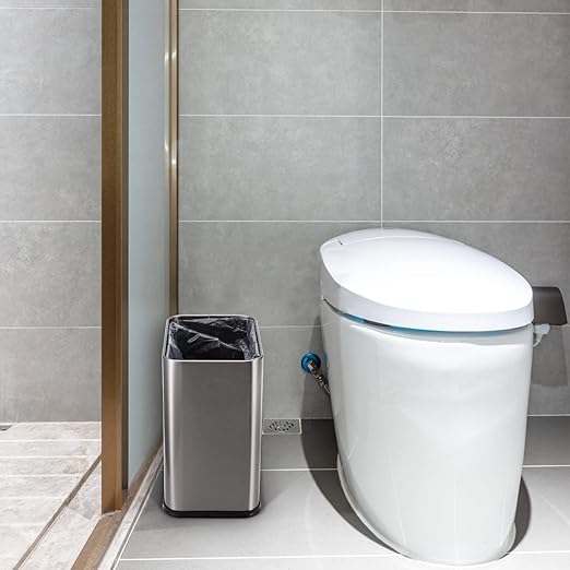 Coloch Small Metal Trash Can 2.6 Gallon(10L) Slim Size Wastebasket for Narrow Spaces Stainless Steel Garbage Bin Silver Invisi-Overlap Open Top Rubbish Bin for Bedroom Bedroom Toilet Undersink