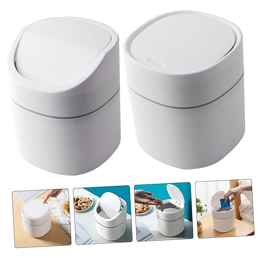 CHILDWEET 2pcs Mini Trash Can with Lid Wear-Resistant Plastic Desktop Wastebasket for Kitchen Office Bedroom Stylish Small Garbage Bin for Easy Clean-up