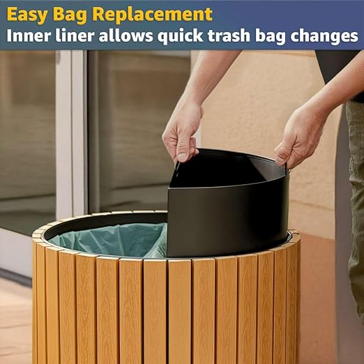 22 Gallon Round Outdoor Two-Stream Trash Can Recycling Bin - Commercial Dual Stainless Steel / Wood Compartment 11 Gallon Liners - Decorative Waste Container for Parks Retail Stores Transit Stations