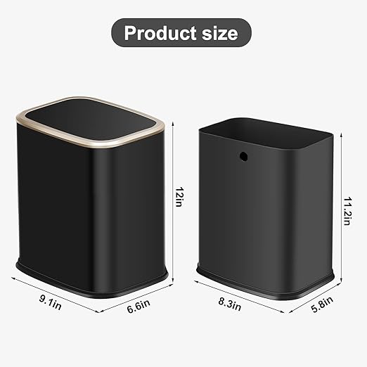 2 Gallon Small Office Bathroom Trash Can with Swing LidLiving Room Bedroom Garbage can Wastebasket binInner Bucket Metal Decor Trash Can (Black Gold)